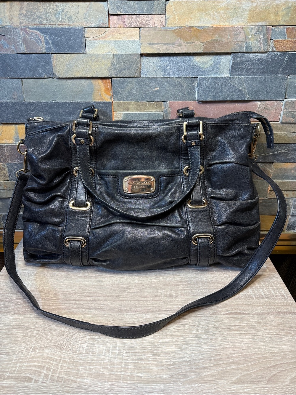 Michael Kors Black Leather Shoulder Satchel with Gold Hardware